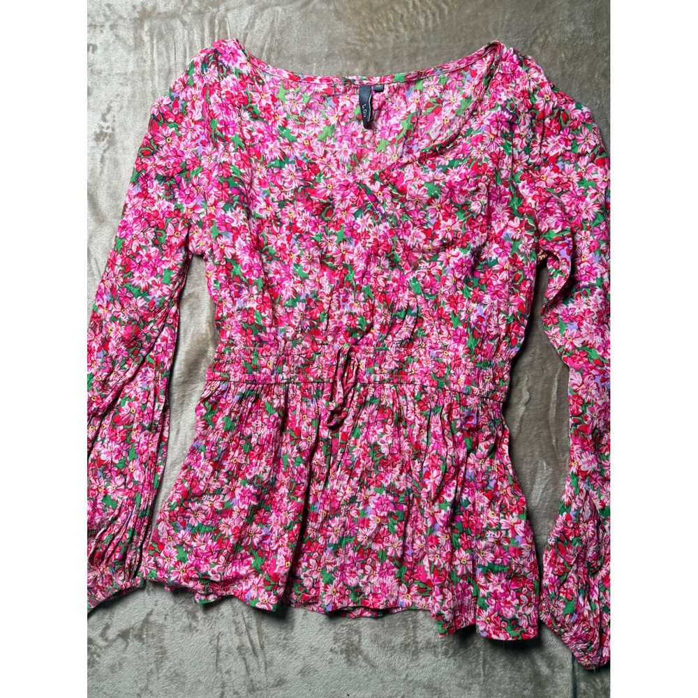 L.O.V. Pink Floral Babydoll‎ Blouse Long Sleeve Top XS Coquette Cottagecore